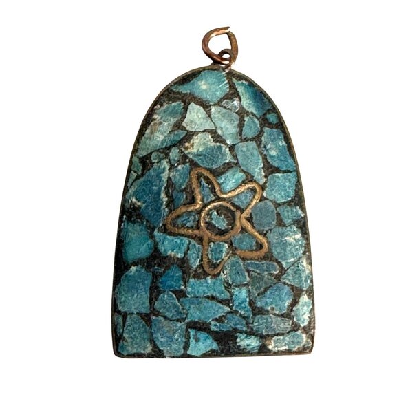 India Jewelry - Vintage Turquoise Micro Mosaic Brass Pendant With Star Design 2" Made In India
